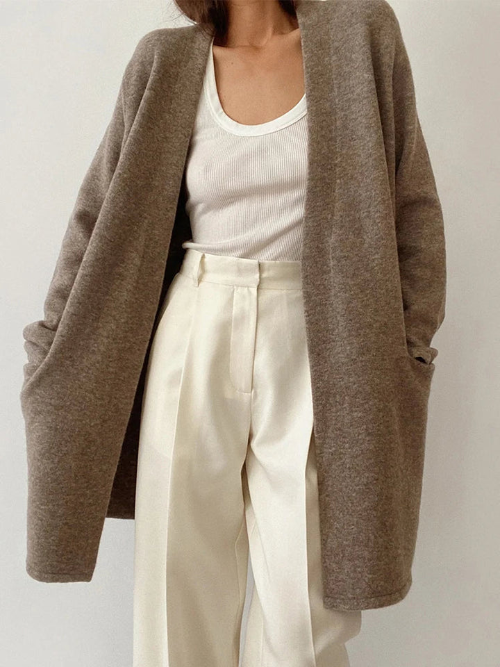 Celeste Women's Open-Front Wool Cardigan with Patch Pockets