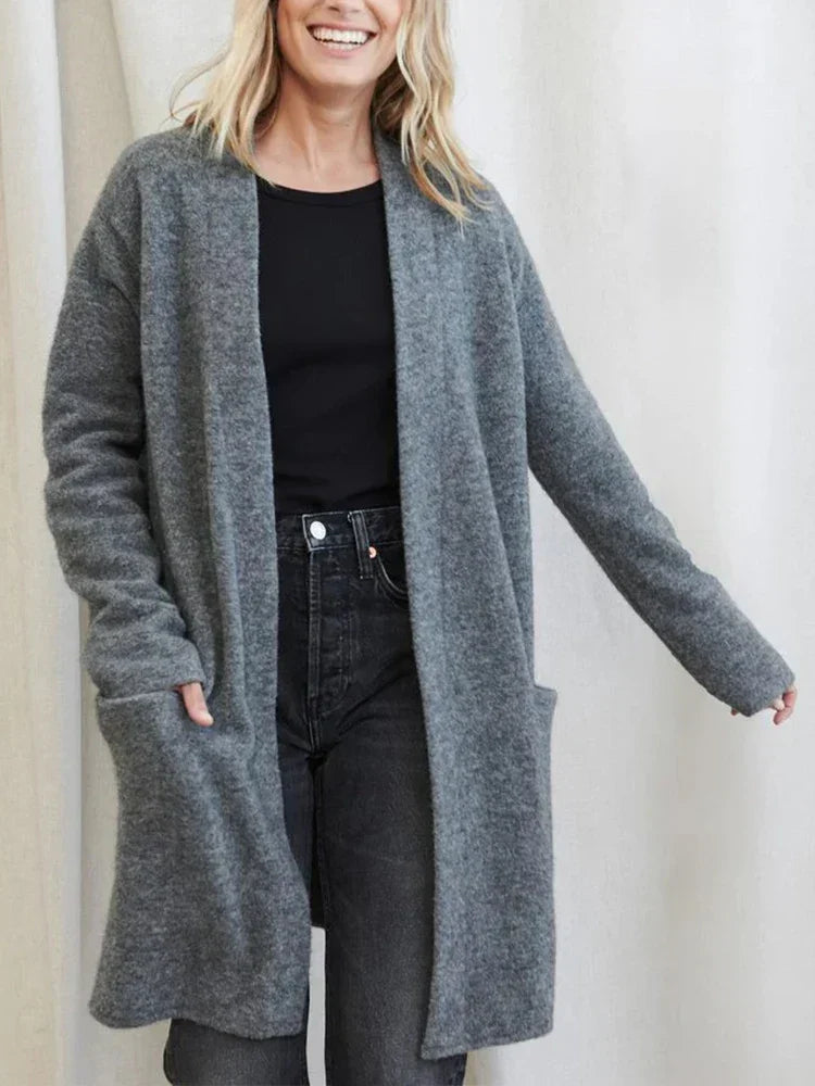 Celeste Women's Open-Front Wool Cardigan with Patch Pockets