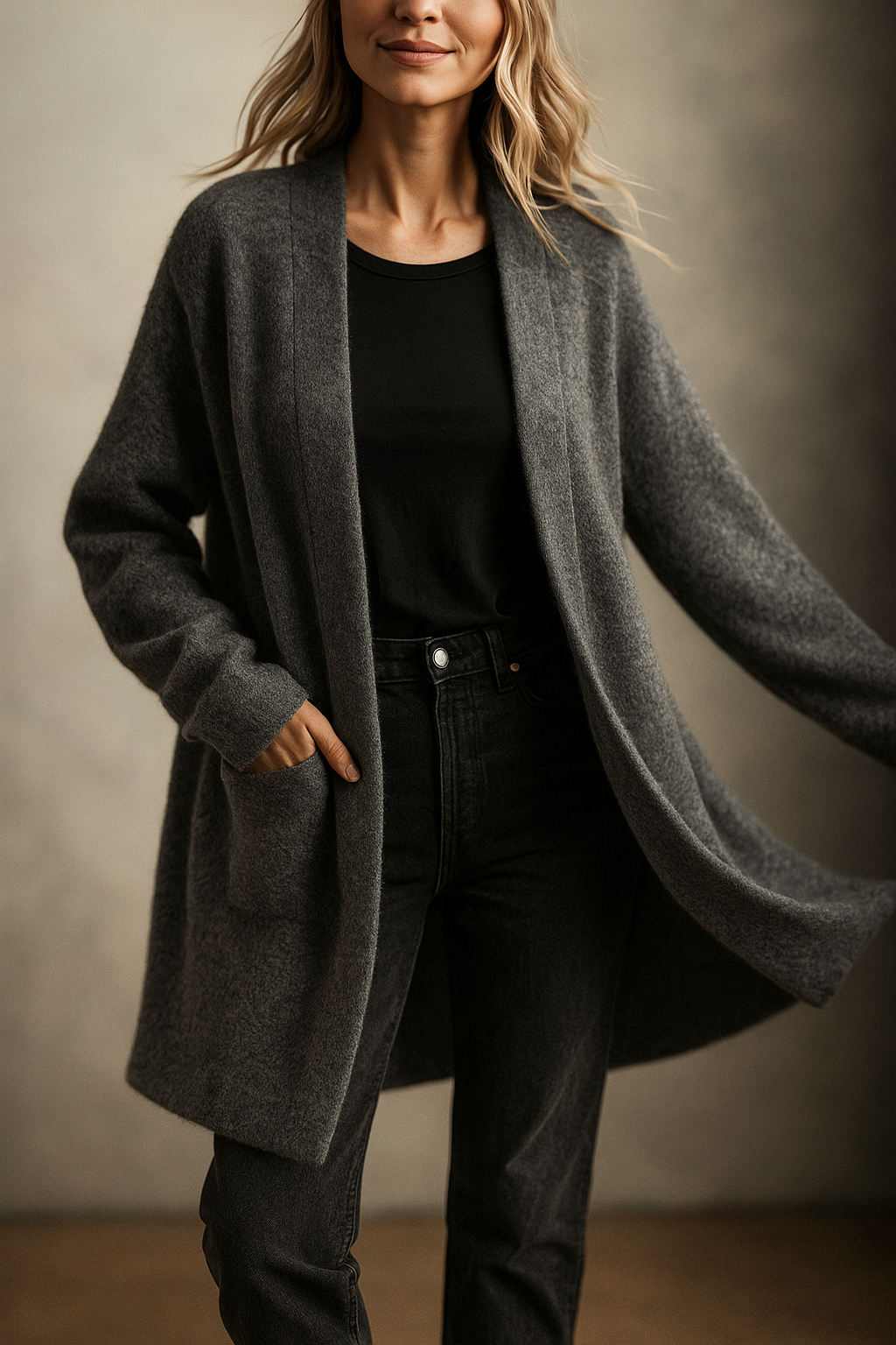 Celeste Women's Open-Front Wool Cardigan with Patch Pockets