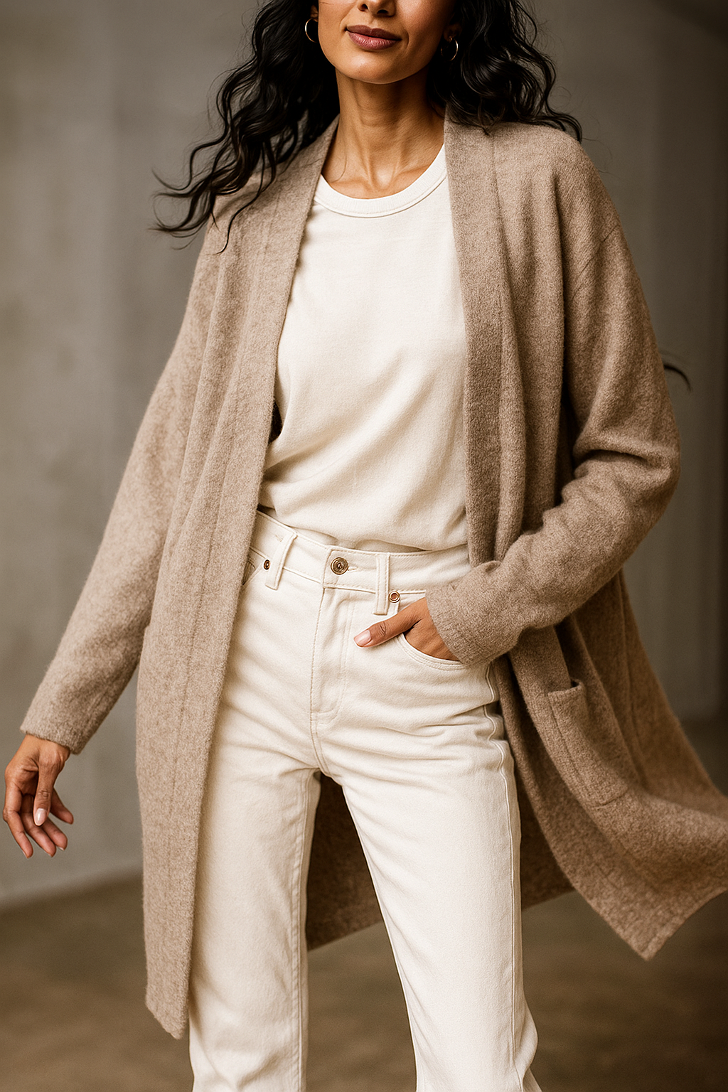Celeste Women's Open-Front Wool Cardigan with Patch Pockets