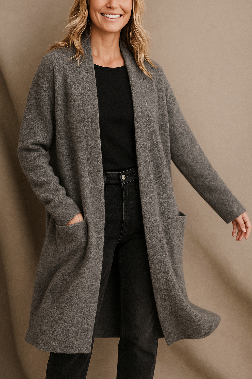 Celeste Women's Open-Front Wool Cardigan with Patch Pockets