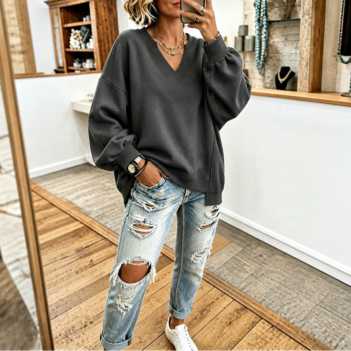 Drop-Shoulder Puff Sleeve Split-Hem Sweatshirt image 4