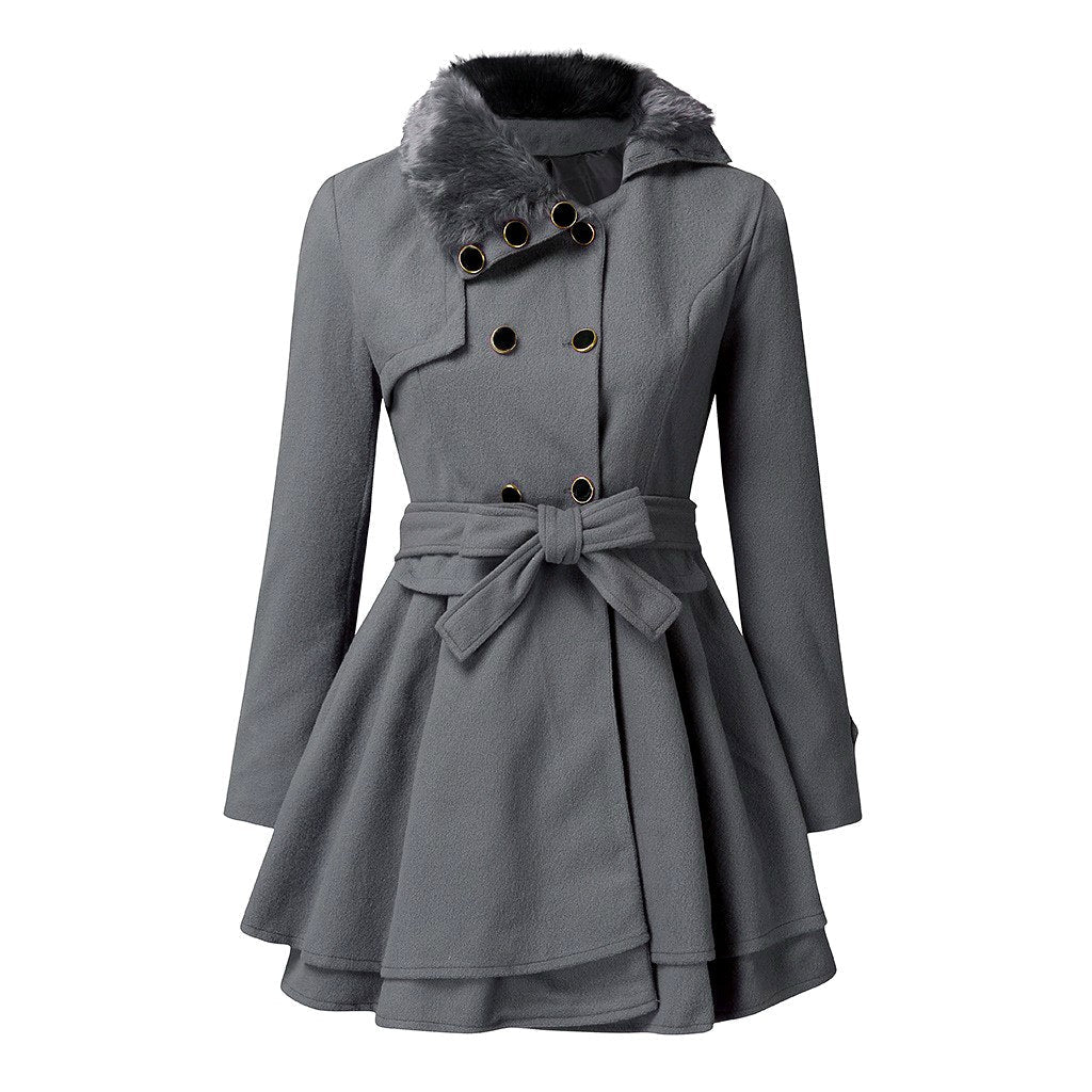 Edith Women’s Faux Fur Collar Belted Flared Coat 1