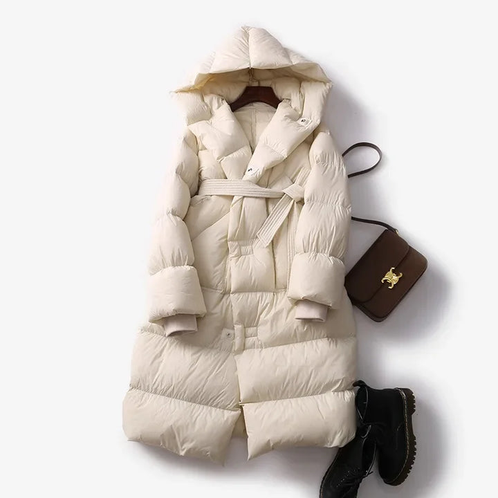 Evangeline Women's Belted Long Puffer Coat with Oversized Hood
