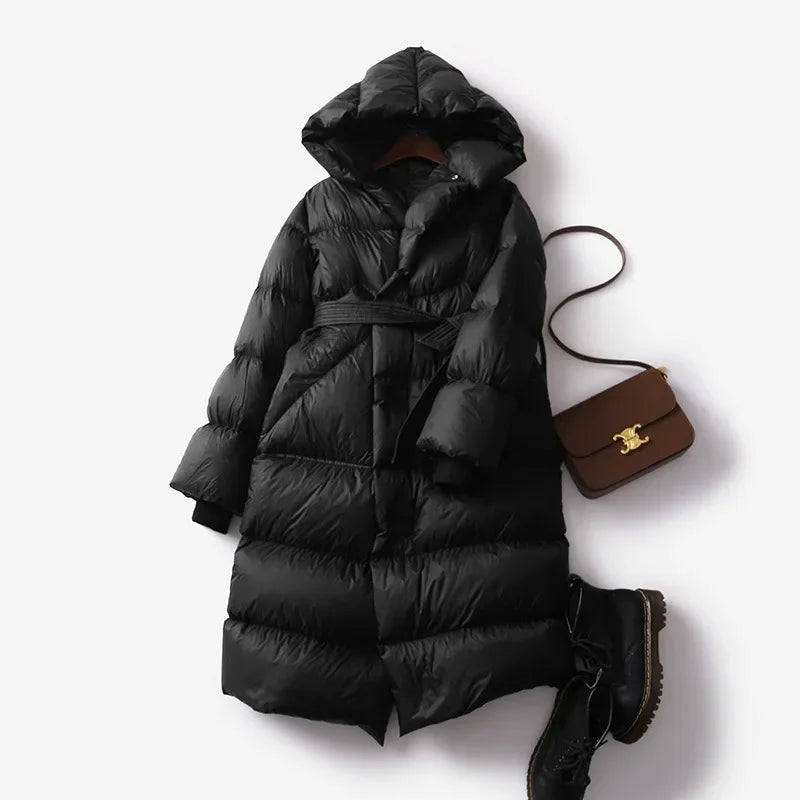 Evangeline Women's Belted Long Puffer Coat with Oversized Hood