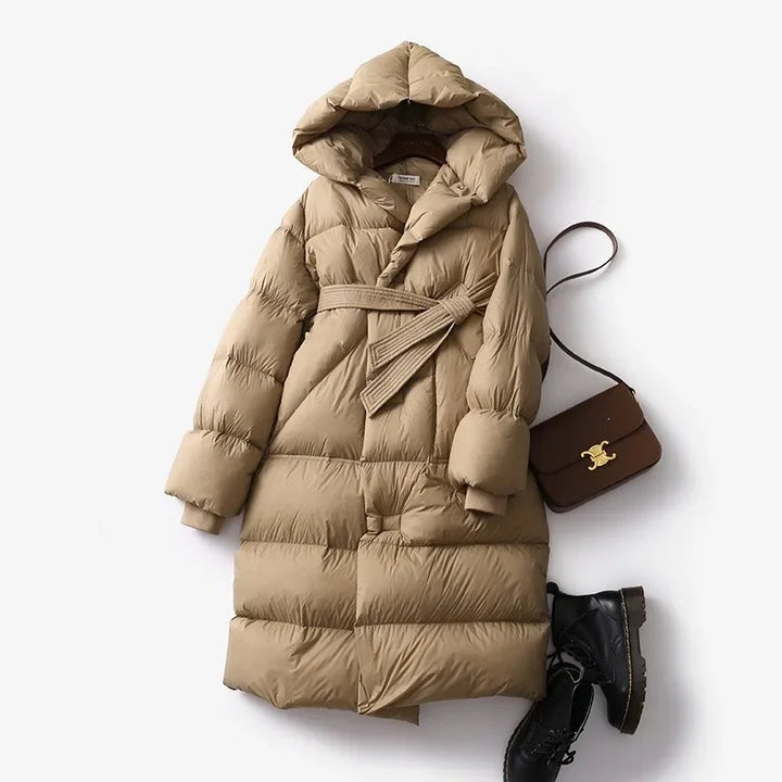 Evangeline Women's Belted Long Puffer Coat with Oversized Hood