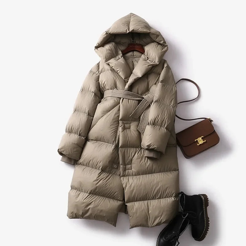 Evangeline Women's Belted Long Puffer Coat with Oversized Hood