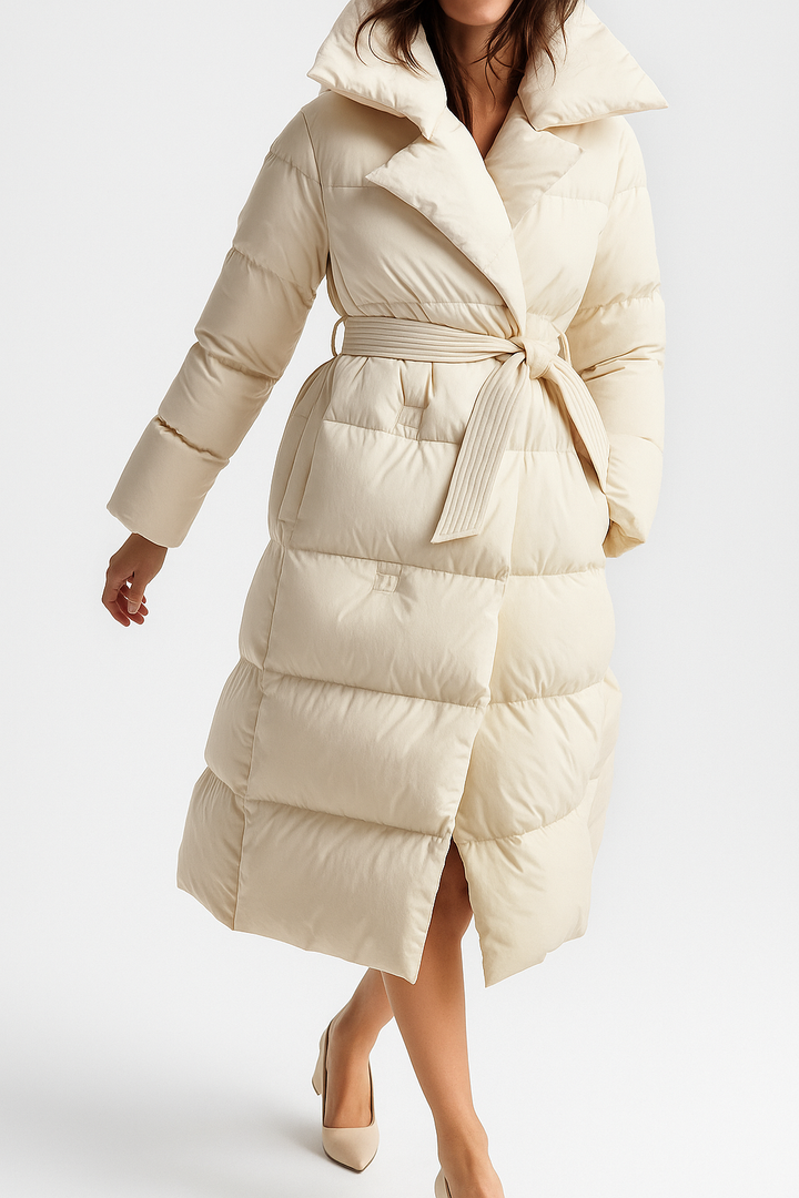 Evangeline Women's Belted Long Puffer Coat with Oversized Hood