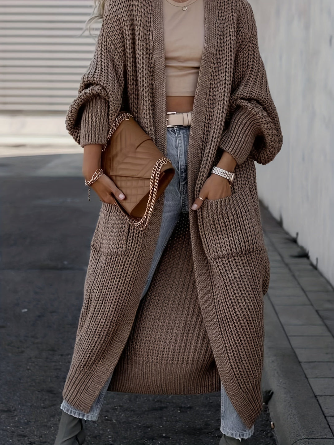 Theodora Women's Oversized Ribbed Cardigan with Deep V-Neck